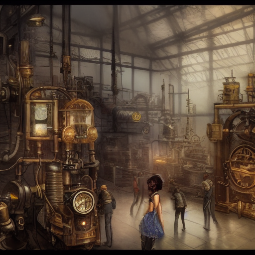 A later step in the inpainting process of the steampunk factory scene that now includes a woman in a dress that is blue.