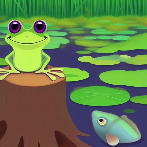 The little frog with his friend the fish, part of a free kids story generated by AI.