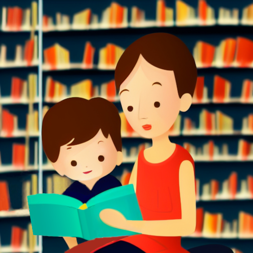 an AI generated image of a woman reading a book to a child in a library