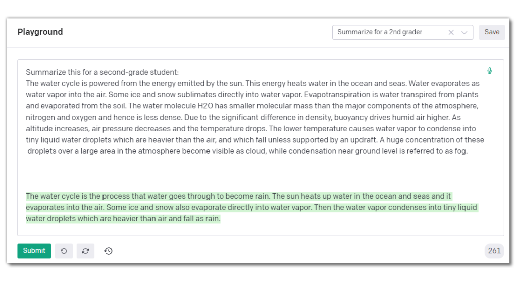 Example of Summarize for a 2nd grader preset by OpenAI