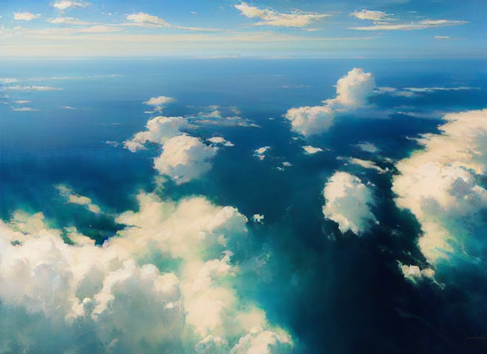 puffy white clouds high above the ocean