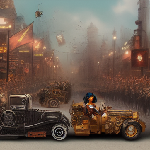 A black woman driving a steampunk car in a parade