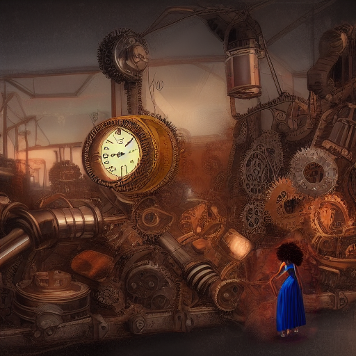 A large pile of gears, cogs, pipes, and other steampunk materials at a junkyard being searched by a black woman in a blue dress.