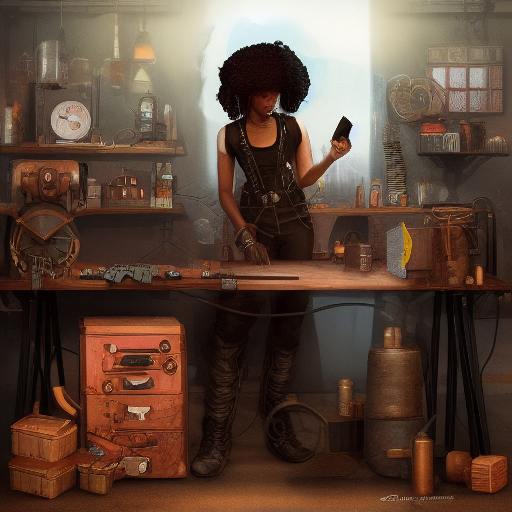 A black woman working at a steampunk workbench