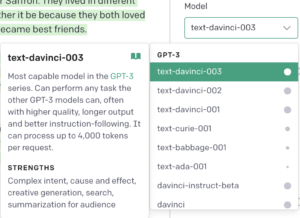 A dropdown menu for selecting the davinci 3 model in GPT3 playground.
