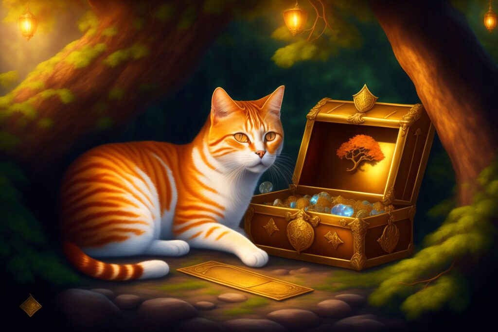 An orange tabby cat with a treasure chest full of jewels and a map