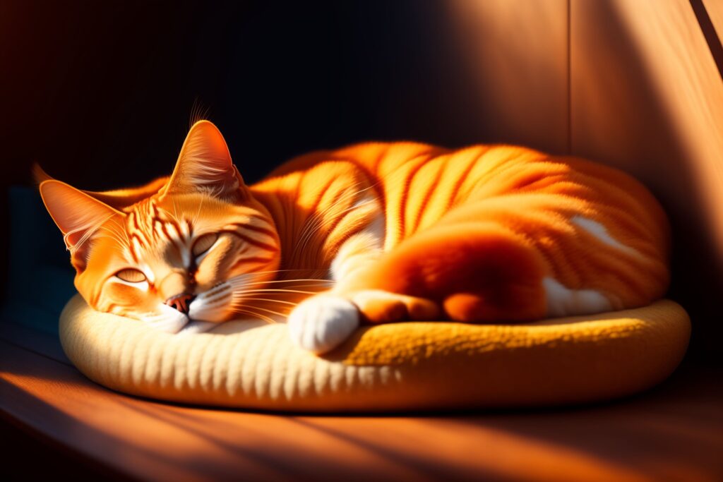 An orange tabby cat sleeping in rays of sunlight.