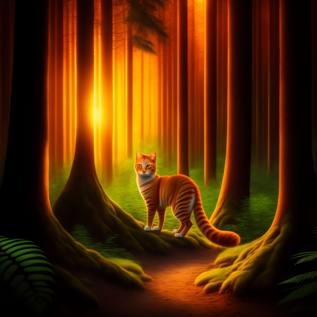 An orange tabby cat in the middle of a grouping of trees