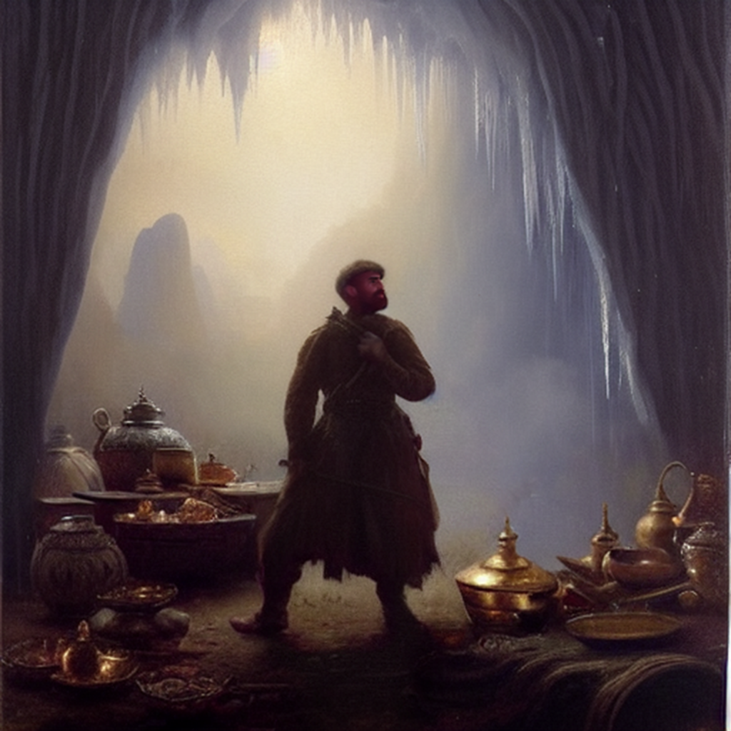 Ali Baba's brother, Cassim, in the magical cave of treasures used by the Forty Thieves