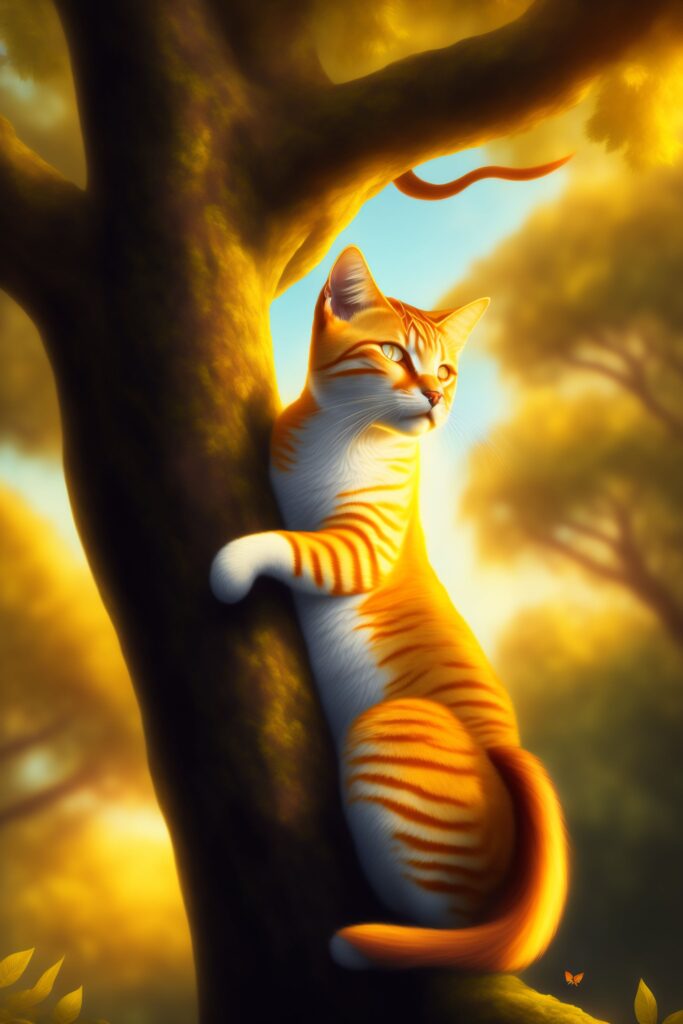 An orange tabby cat in a tree