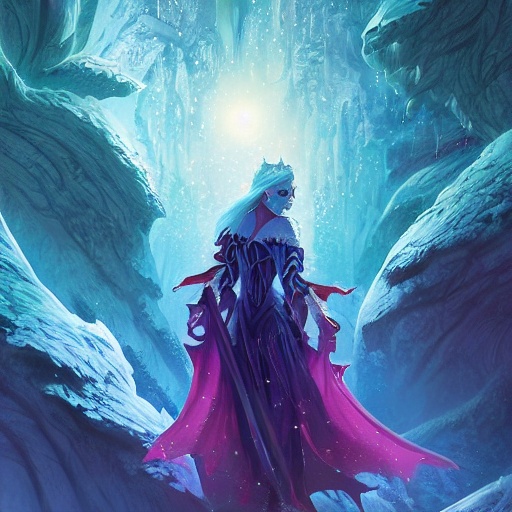 A woman in a purple dress standing in an icy cave.