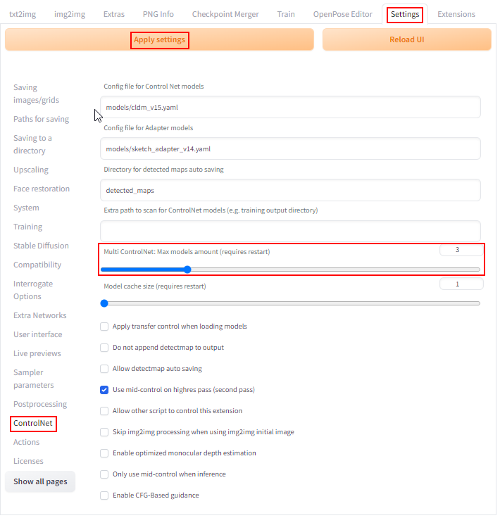 Setting up multi ControlNet in the Settings tab of the Stable Diffusion WebUI