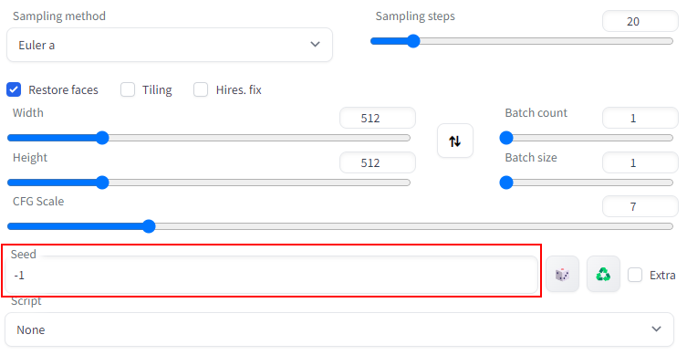 The Seed field under the txt2img tab in the Stable Diffusion Web UI