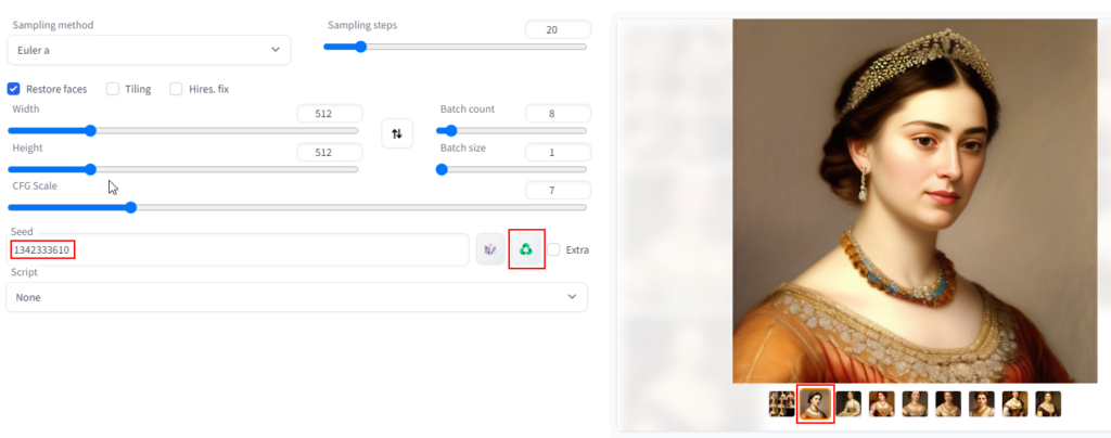 Populate the seed field in the Stable Diffusion Web UI by selecting the generated image and hitting the green recycling button