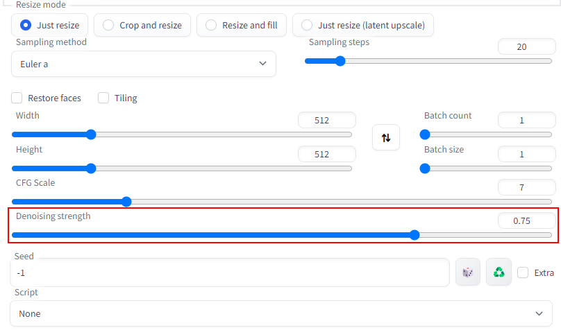 Denoising strength setting as it appears in the img2img menu in the Stable Diffusion Web UI