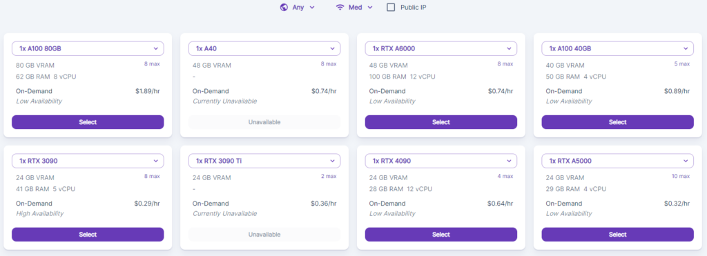 RunPod.io GPU options available for rent