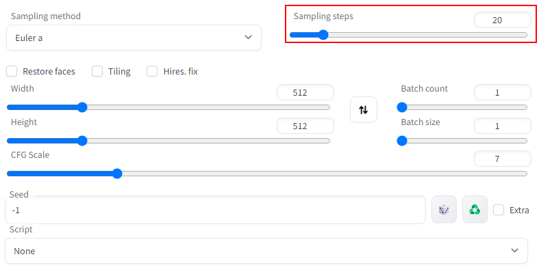 The Sampling Step setting with default value in the Stable Diffusion Web UI txt2img tab