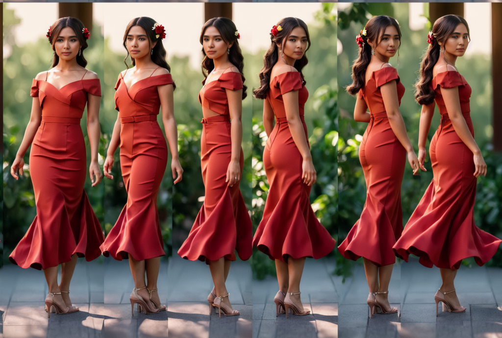 6 across image of woman in red dress using controlnet automatic1111 and charturnerv2